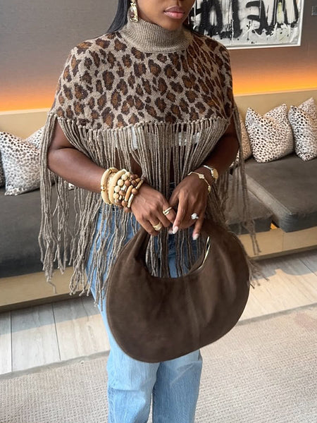 Fringe Combo Leopard Poncho