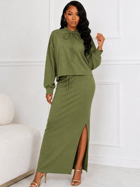 Solid Tied Neck Top & Slit Skirt Set