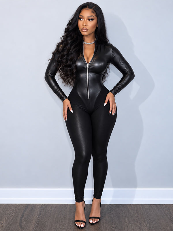 Faux-Leather Combo Zip-Front Jumpsuit