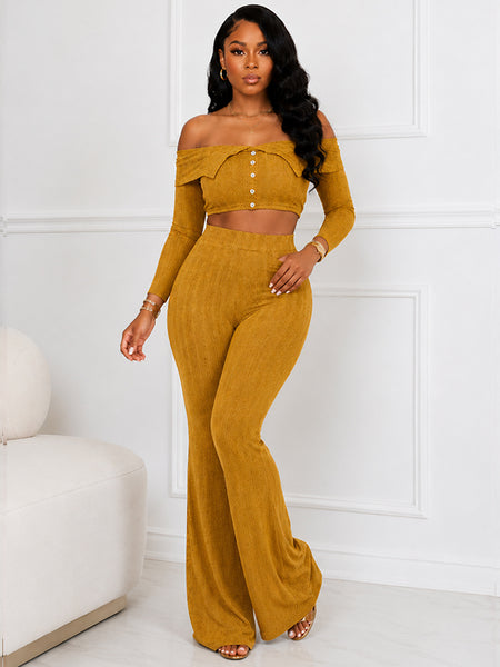 Off-Shoulder Button Top & Pants Set