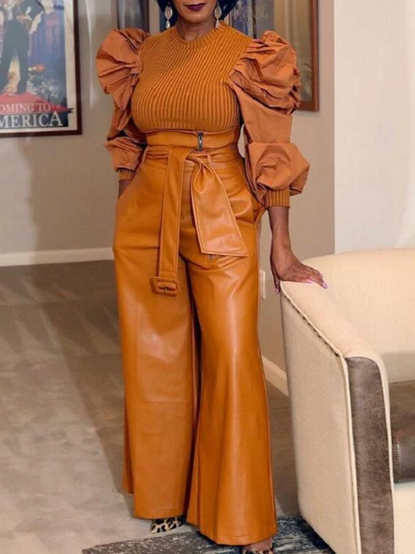 Faux-Leather Wide-Leg Belted Pants--Clearance