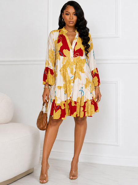 Printed Button-Front Ruffle Dress
