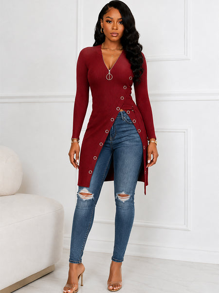 Zip-Front Slit Ribbed Tunic