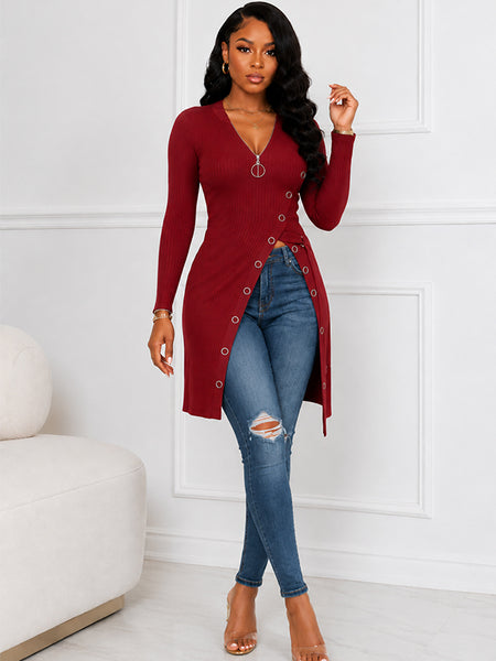Zip-Front Slit Ribbed Tunic