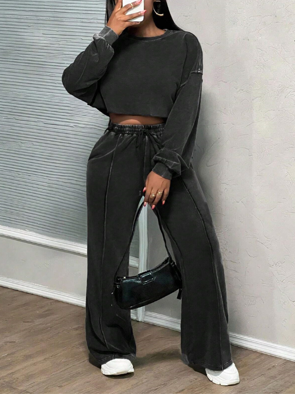Wash Sweatshirt & Wide-Leg Pants Set