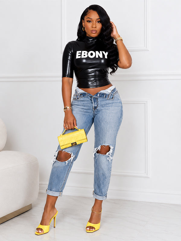 Letter-Print Faux-Leather Top