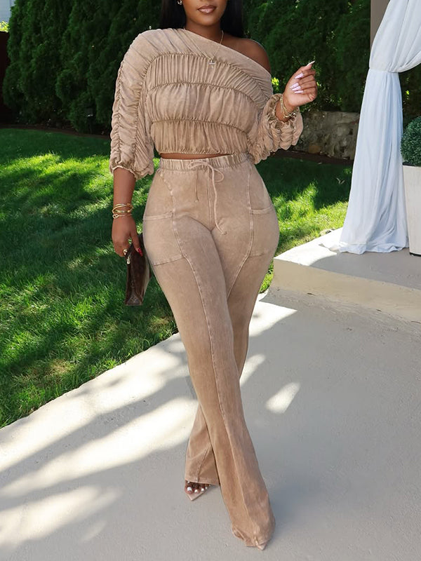 Ruched Boat-Neck Top & Pants Set