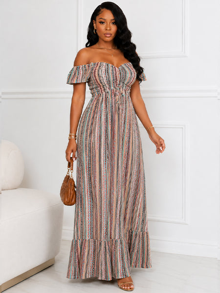 Stripe Off-Shoulder Maxi Dress