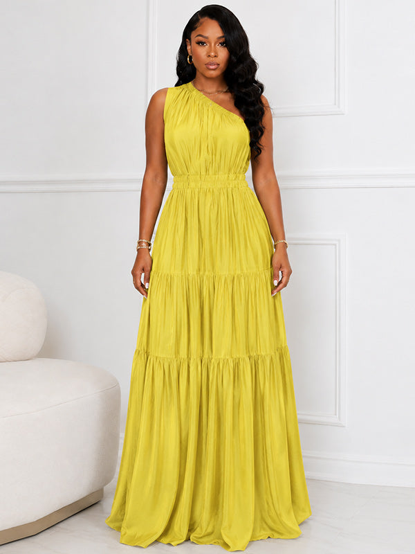 Solid One-Shoulder Ruffle Dress