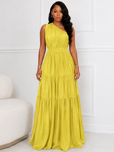 Solid One-Shoulder Ruffle Dress