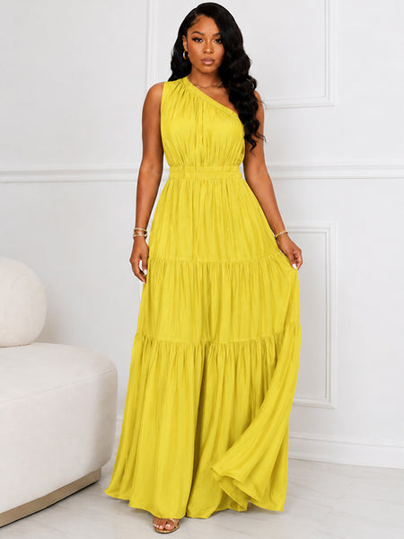 Solid One-Shoulder Ruffle Dress