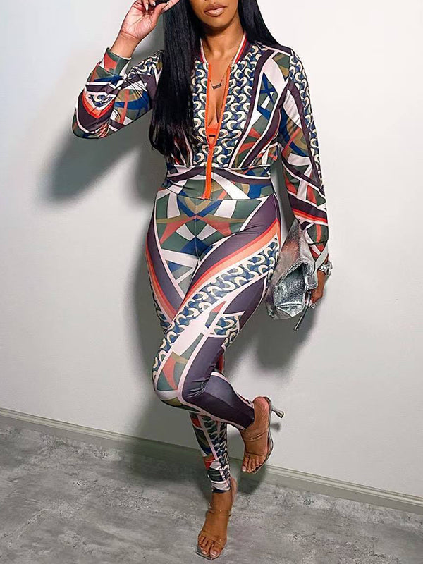 Printed Zip-Front Jacket & Pants Set