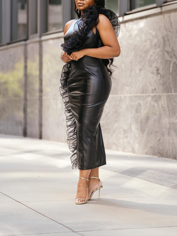 Sheer-Ruffle Faux-Leather Dress