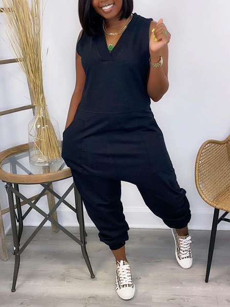 V-Neck Sleeveless Jumpsuit--Clearance