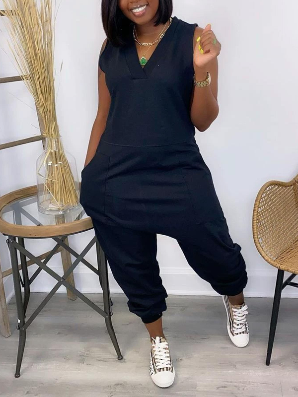 V-Neck Sleeveless Jumpsuit--Clearance