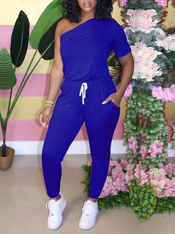 One-Shoulder Drawstring Jumpsuit--Clearance