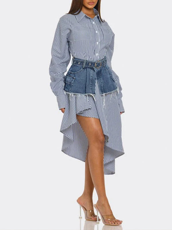 Stripe Shirt Dress with Denim Skirt