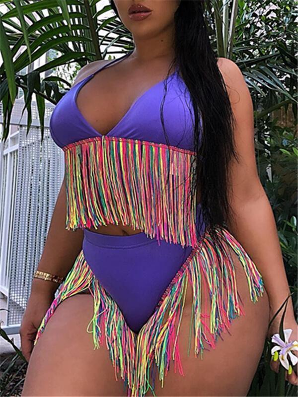 Multicolor Fringe Halter Bikini