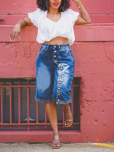 Button Denim Bermuda Shorts