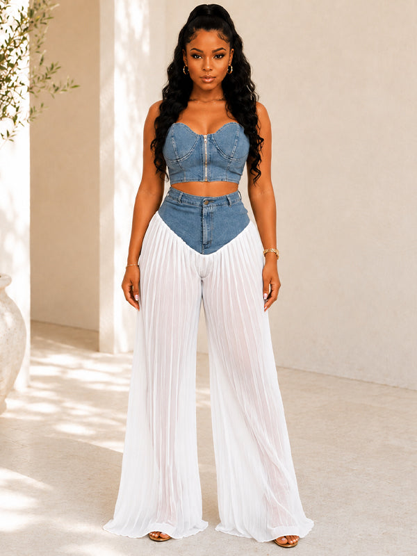 Denim Cami Top & Pleated Combo Pants Set