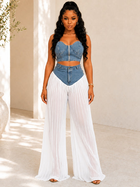 Denim Cami Top & Pleated Combo Pants Set