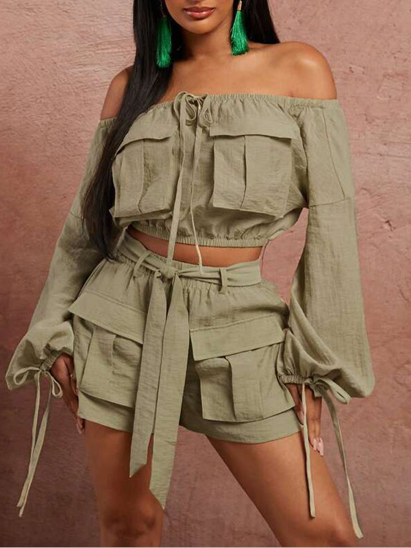 Off-Shoulder Cargo Top & Shorts Set