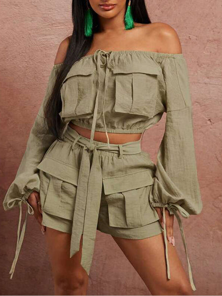 Off-Shoulder Cargo Top & Shorts Set