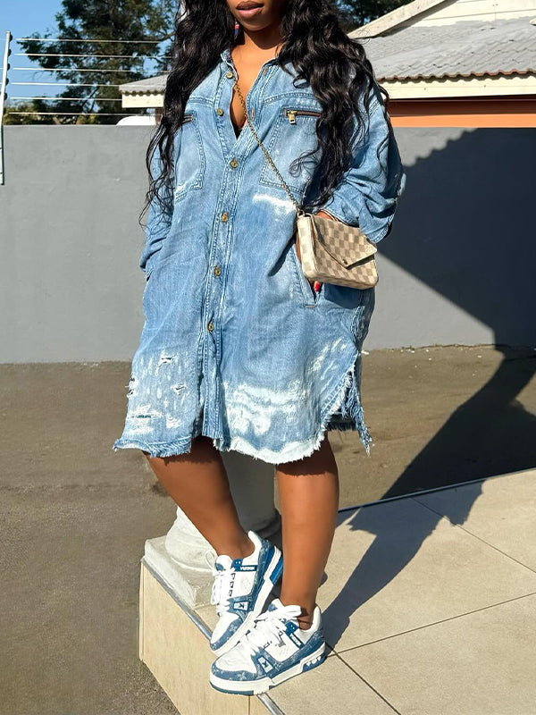 Ripped Button-Front Denim Romper