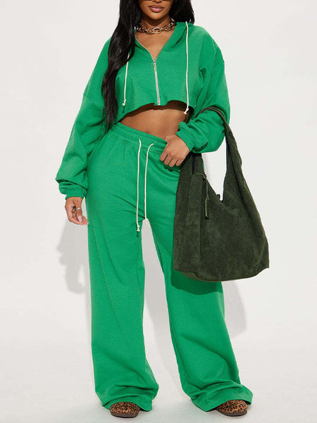 Zip-Front Hoodie & Wide-Leg Pants Set