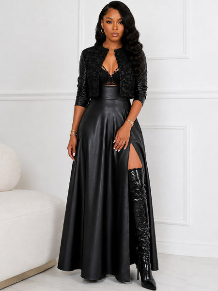 Faux-Leather Slit Skirt