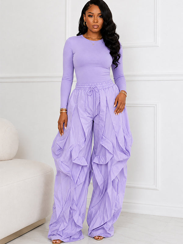 Solid Tee & Frilled Pants Set