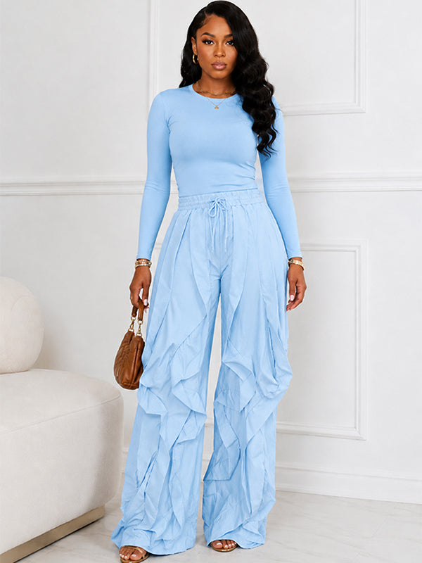 Solid Tee & Frilled Pants Set