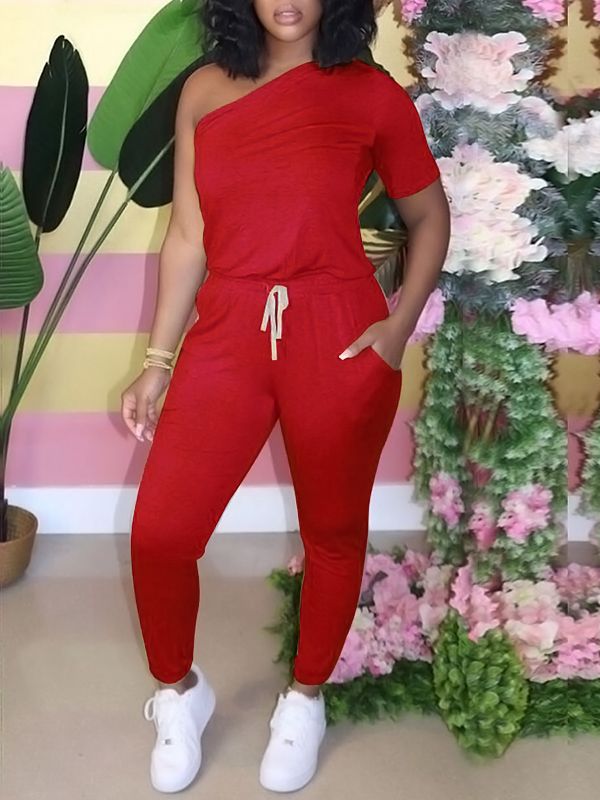 One-Shoulder Drawstring Jumpsuit--Clearance