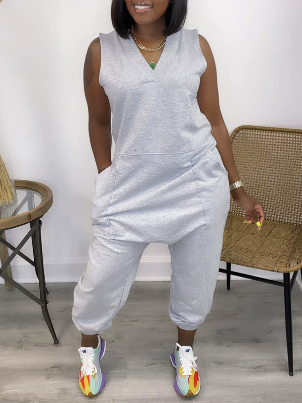 V-Neck Sleeveless Jumpsuit--Clearance