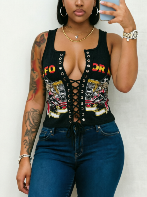 Printed Lace-Up Tank Top