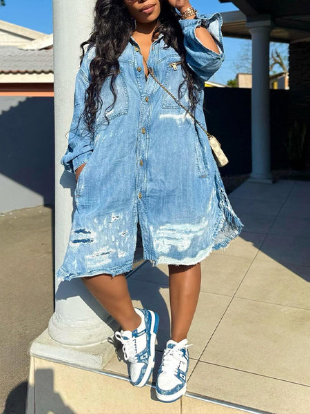 Ripped Button-Front Denim Romper