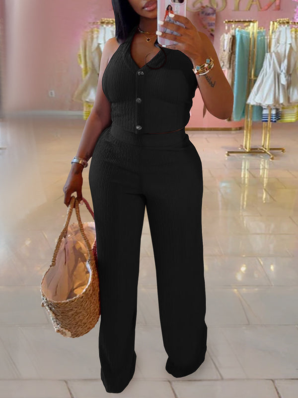 Solid Halter Vest & Pants Set