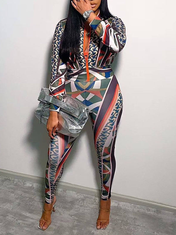Printed Zip-Front Jacket & Pants Set
