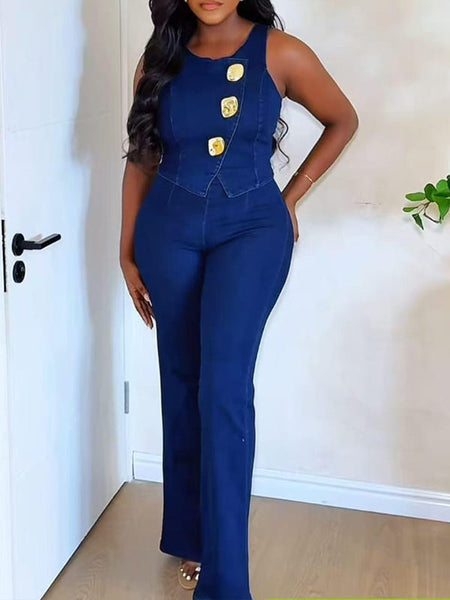 Button Denim Tank Top & Pants Set