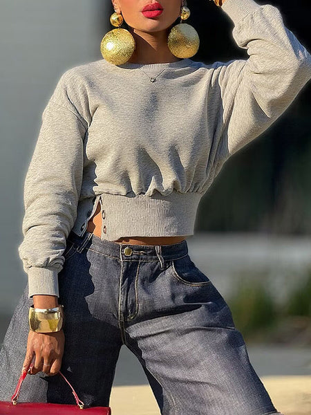 Button-Waist Pullover Sweatshirt