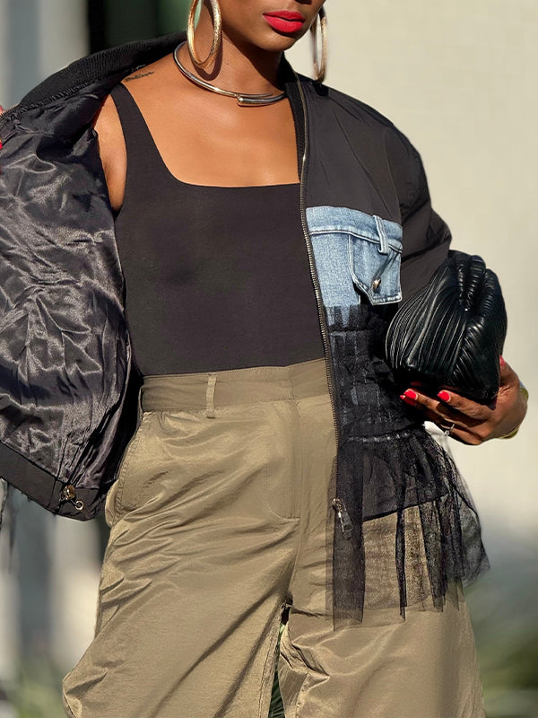 Sheer-Combo Zip-Front Jacket
