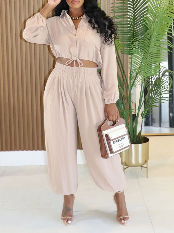 Solid Drawstring Shirt & Jogger Pants Set