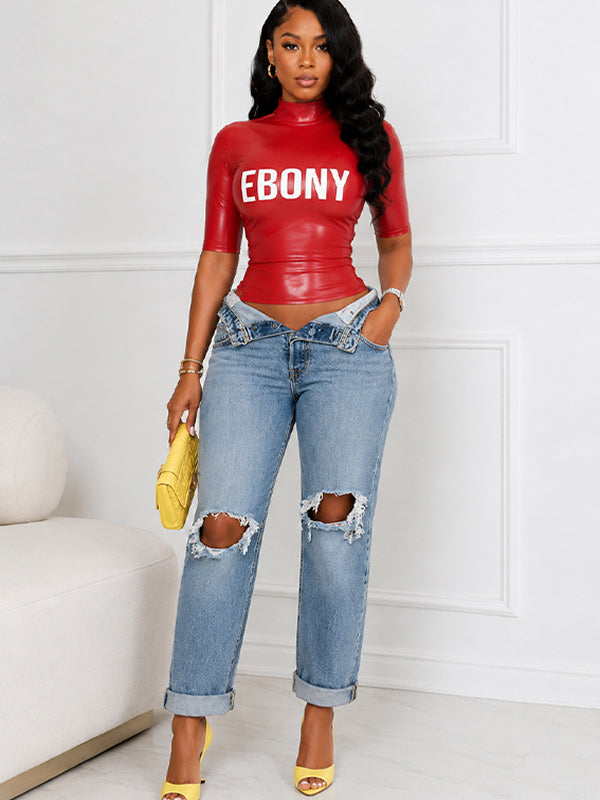 Letter-Print Faux-Leather Top