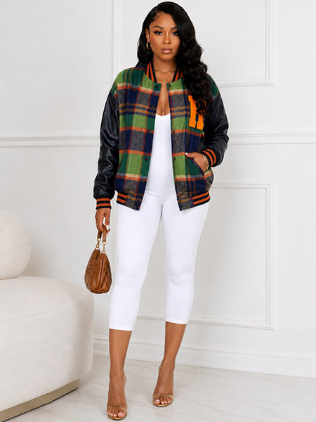 Faux-Leather Combo Plaid Bomber Jacket