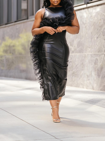 Sheer-Ruffle Faux-Leather Dress