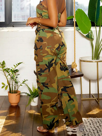 Camo Strapless Cargo Jumpsuit--Clearance