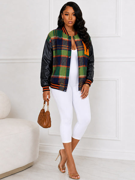 Faux-Leather Combo Plaid Bomber Jacket