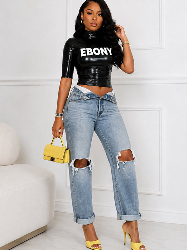 Letter-Print Faux-Leather Top