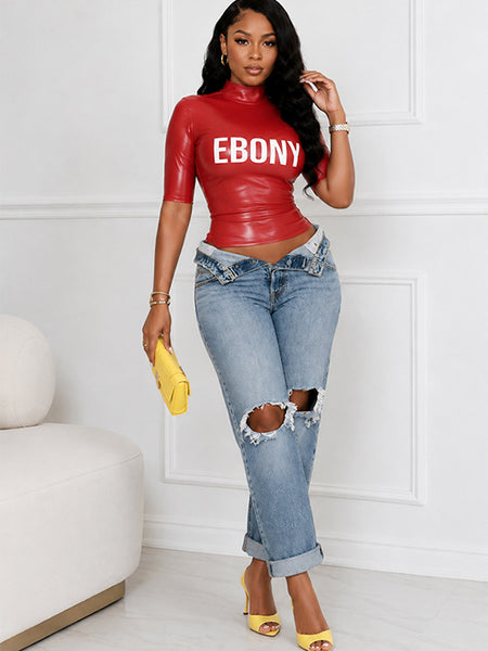 Letter-Print Faux-Leather Top