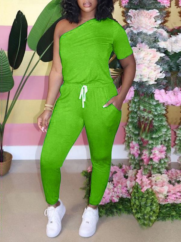 One-Shoulder Drawstring Jumpsuit--Clearance